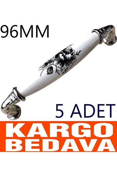 Tomurcuk 5 Adet 96mm Porselen Beyaz Krom Siyah Gül Çekmece Mobilya Kulpu
