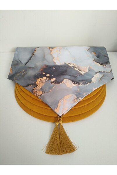 Ayşemce Сив мраморен модел пътека - 4 горчичножълти подложки