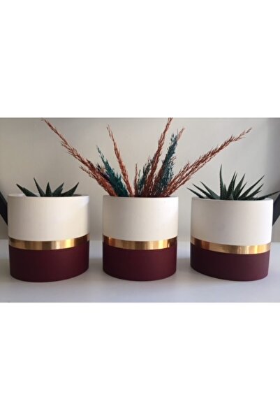 CMHOME 3lü Bordo-beyaz Şeritli Beton Saksı Seti(çiçeksiz)