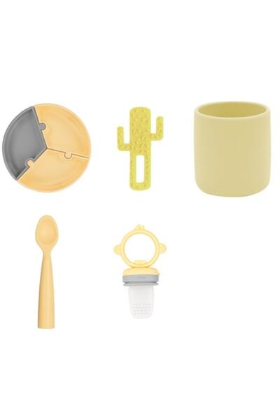 OiOi Set of 5 Puzzle Plate Cactus Yellow Cup Yellow Fruit Vegetable Puree Yellow Nam Nam Spoon Yellow