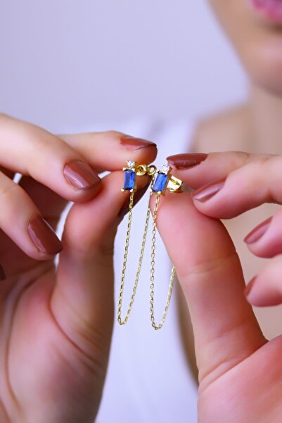 MySilvers Gümüş Lacivert Baget Taşlı Zincir Küpe