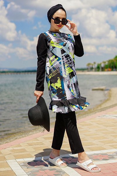 Minel Γυναικείο Σετ μαγιό Hijab με πράσινο γεωμετρικό σχέδιο με πλήρη κάλυψη