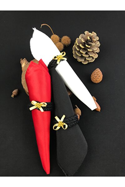 Fancyagnes Renklendirilmiş Siyah Altın Kurdeleli Hasır Peçete Yüzüğü Halkası 6 Kişilik