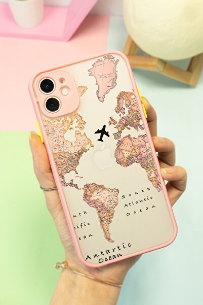 Spoyi Iphone 11 Transparan Harita Tasarımlı Pembe Hux Telefon Kılıfı