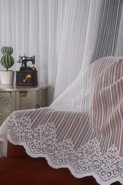 PERDECITY Skirt Damaks Pattern - Striped Knitted Tulle Curtain, 250 X 260cm, 1/2 Sparse Pleat