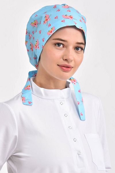 Owlet Medikal Pink Panther Patterned Blue Surgical Hijab Bonnet