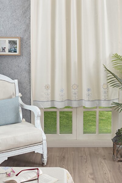 ÖDEL HOME Buldan Kumaşı Bordürlü Motifli Aplikalı Çiçek Işlemeli Perde