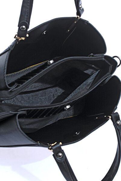 By Hakan Dm-1242 Geantă cu curea de mână și de umăr pentru femei în dungi, neagră