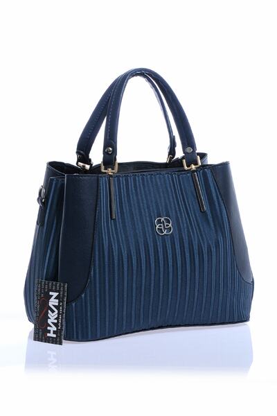 By Hakan Dm-1242 حقيبة يد نسائية مخططة وحزام كتف باللون الأزرق الداكن