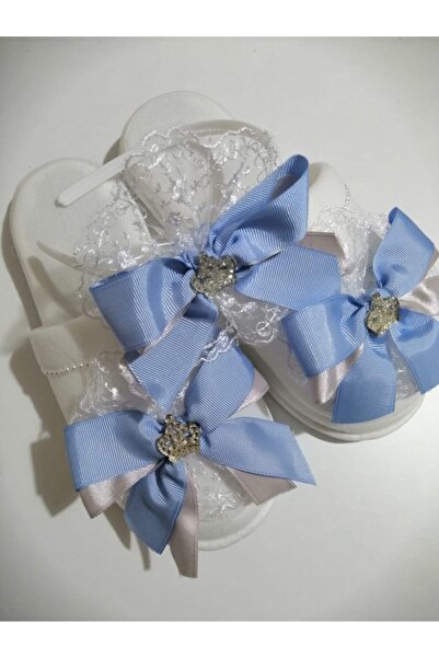 Canbutik Mavi Gri Kral Taçlı Lohusa Terlik Ve Taç Takımı