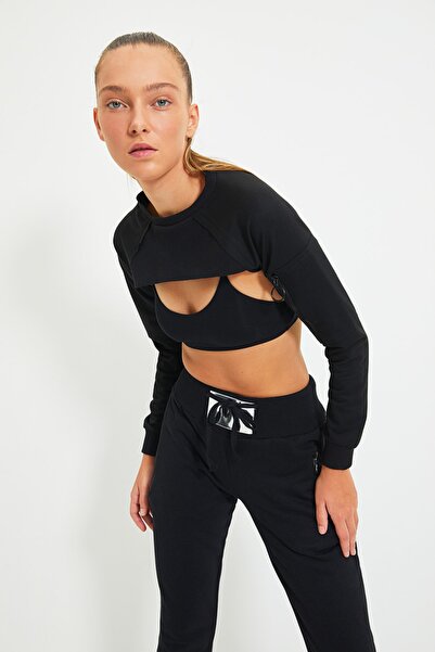 Trendyol Collection Μαύρο αθλητικό λεπτό φούτερ Super Crop TWOSS20SW0104