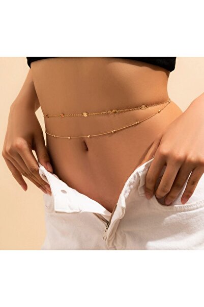 MisBoho Çift Zincirli Kararmaz Altın Kaplama Bel Zinciri Ve Pullu Göbek Takıs...