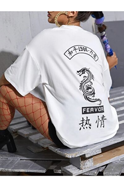 ALİKA Γυναικείο μπλουζάκι με στάμπα White Fervor Dragon