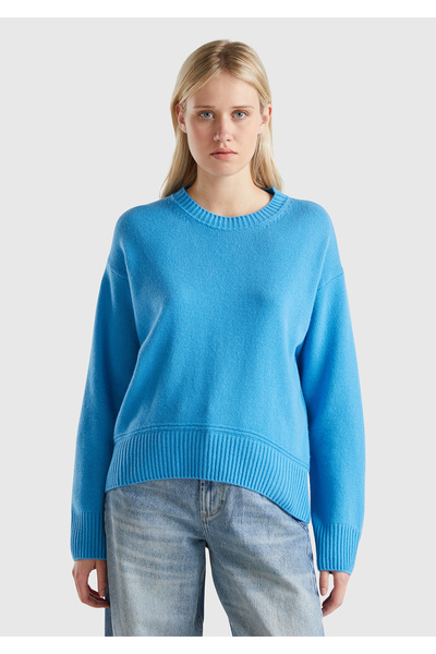 United Colors of Benetton Women's Blue Wool Blended Bottom Wide Crew Neck Swe...