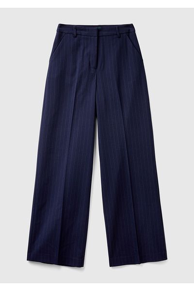 United Colors of Benetton Women's Navy Blue Viscose Mixed Thin Striped Wide Leg Trousers with Front Pockets