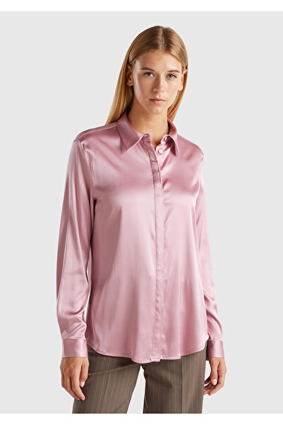 United Colors of Benetton Kadın Pembe Viskoz Karışımlı Gizli Düğmeli Sivri Yaka Saten Gömlek