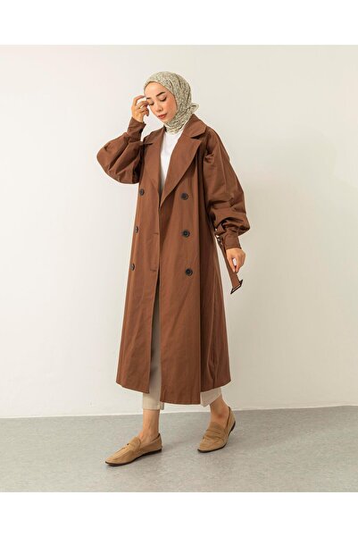 Meri Store Altı Düğmeli Seyyar Kemerli Kahve Trençkot