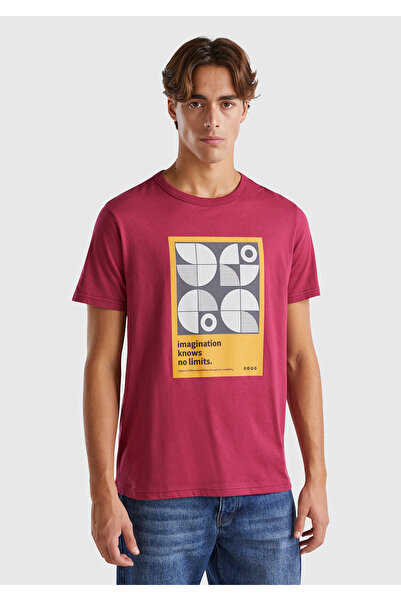 United Colors of Benetton Ανδρικό μπλουζάκι μπορντό 100% βαμβακερό εμπριμέ κοντό μανίκι με στρογγυλή λαιμόκοψη