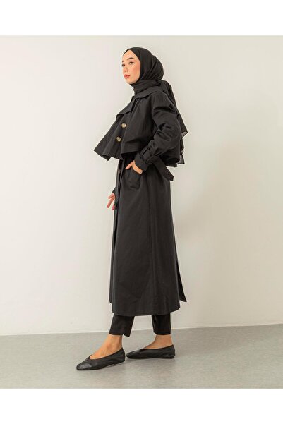 Meri Store Ceket Detaylı Çift Parça Siyah Trençkot