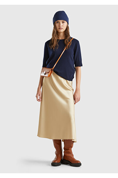 United Colors of Benetton Fusta midi de damă, bej, vâscos, amestecat cu volane, aspect satin