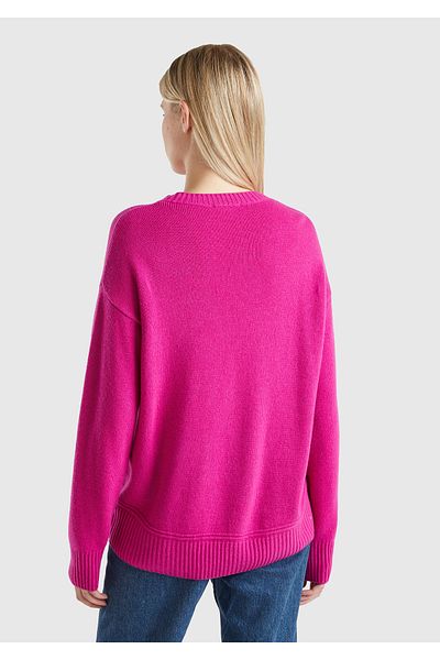 United Colors of Benetton Pulover de damă din amestec de lână fucsia cu gât lat