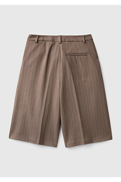 United Colors of Benetton Kadın Taba Viskoz Karışımlı Pile Detaylı İnce Çizgili Bermuda Şort