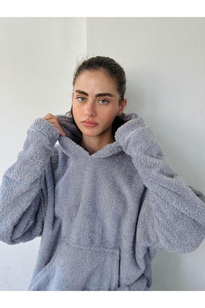 Retrobird Hanorac supradimensionat unisex gri cu glugă - amestecat de lână și catifea, iarnă groasă