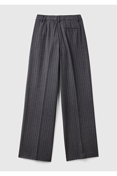 United Colors of Benetton Kadın Antrasit Viskoz Karışımlı Önü Cepli İnce Çizgili Geniş Paça Pantolon