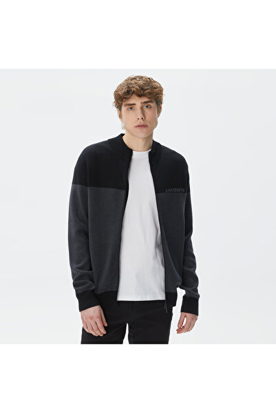 Lacoste Erkek Regular Fit Uzun Kollu Dik Yaka Renk Bloklu Koyu Gri Triko