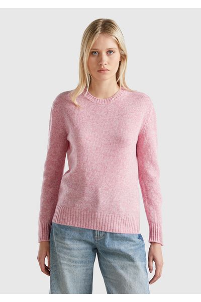 United Colors of Benetton Pulover Shetland pentru femei, roz Melange, cu gâtul rotund