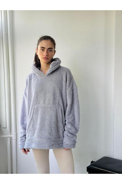 Retrobird Hanorac supradimensionat unisex gri cu glugă - amestecat de lână și catifea, iarnă groasă