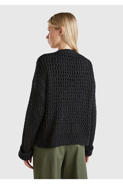 United Colors of Benetton Women's Black Viscous Mixed Hole Detailed Off-Shoulder Wide V-Neck Cardigan