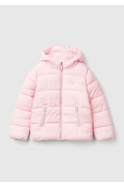 United Colors of Benetton Girl's Pink Left Chest Logo Embroidered Pocket Hooded High Collar Coat