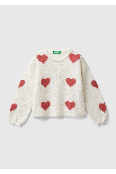 United Colors of Benetton Girl's Ecru Heart Patterned Gathered Cuff Detail Crew Neck Sweater