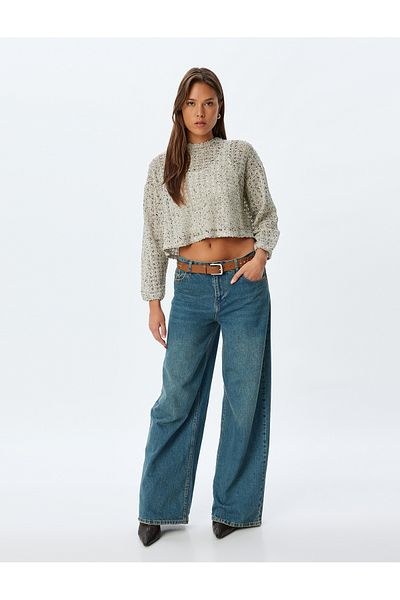 Koton Long Sleeve Openwork Crop Sweater - Crew Neck