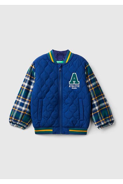 United Colors of Benetton Boy's Navy Blue Chest Embroidered Zippered Jacket with Pockets and Color Detail on Sleeves