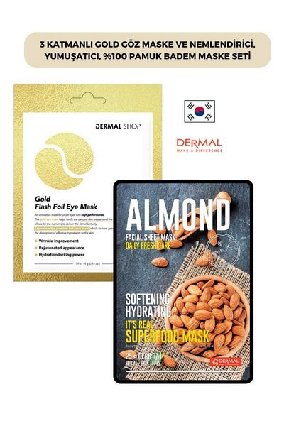 Dermal Gold 3-Layer Eye Mask and Moisturizer - Softening, 100% Cotton Almond Mask Set