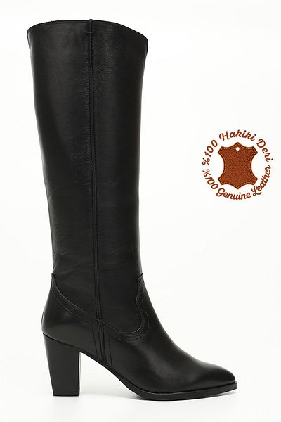 GÖNDERİ(R) Women/Girls Black Pointed Toe Thick Heeled Genuine Leather Boots