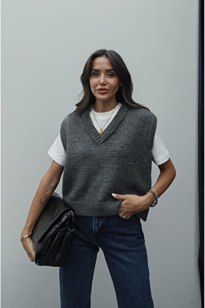 Havoş Antrasit V Yaka Fitilli Kenarlı Kolsuz Süveter