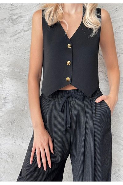 fujya Vestă de damă, cu decolteu în V, elegantă, cu nasturi, neagră