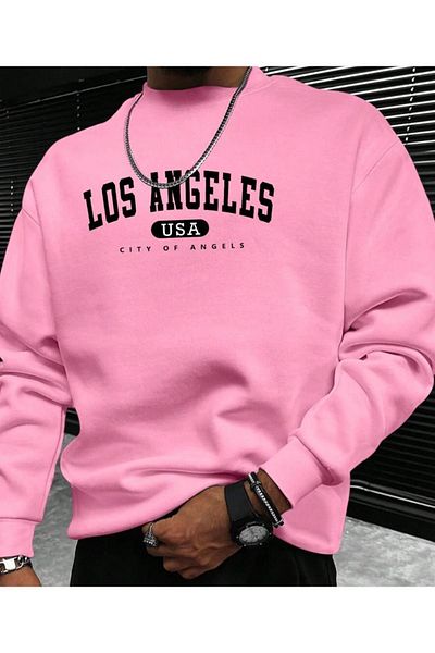 NO 601 Ροζ ανδρικό φούτερ - Losangeles USA Printed, Crew Neck