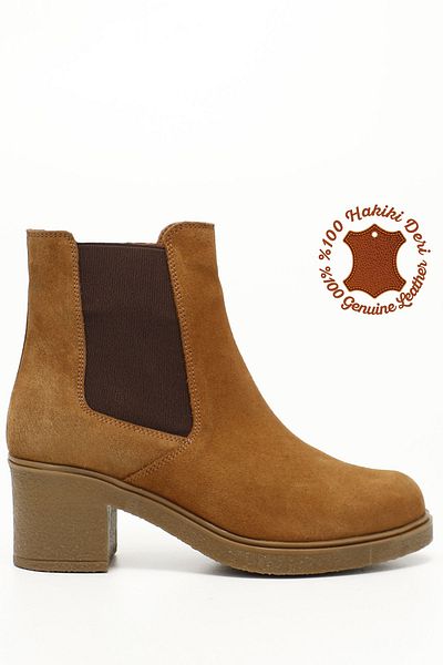 GÖNDERİ(R) Women's / Girls' Tan Suede Zippered Thick Heeled Genuine Leather Chelsea Boots
