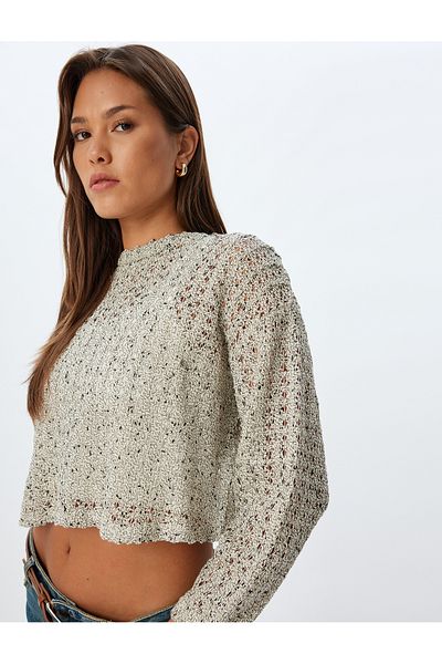 Koton Long Sleeve Openwork Crop Sweater - Crew Neck