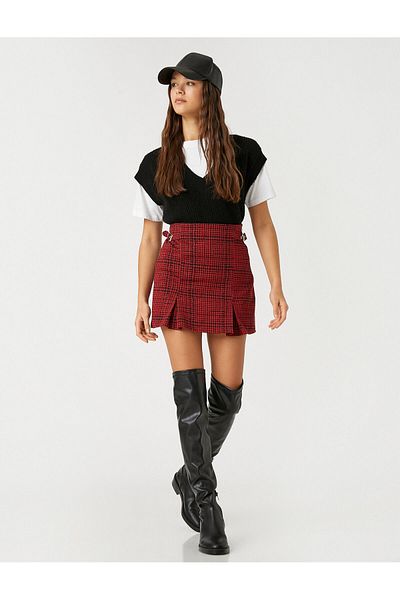 Koton Mini Skirt Pleated Patterned with Buckle Detail on the Sides
