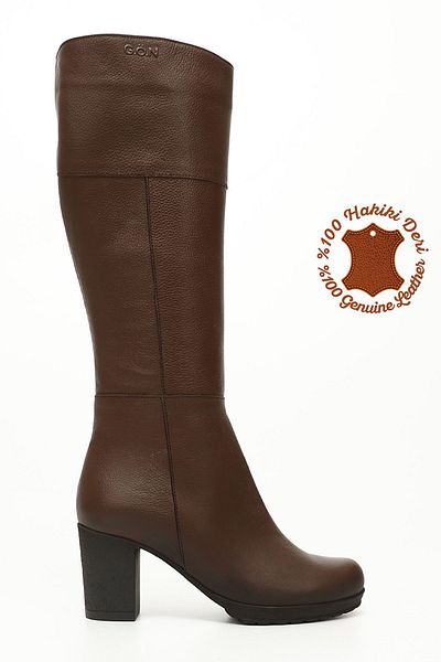 GÖNDERİ(R) Women's Coffee Floater Zippered Thick Heeled Genuine Leather Boots