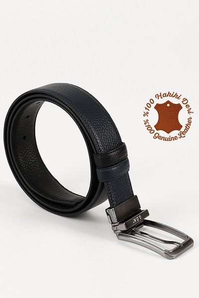 GÖNDERİ(R) Men's Black to Navy Blue Genuine Leather 3.5 cm Double Sided Classic Belt