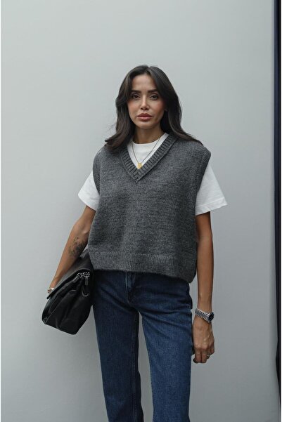 Havoş Antrasit V Yaka Fitilli Kenarlı Kolsuz Süveter
