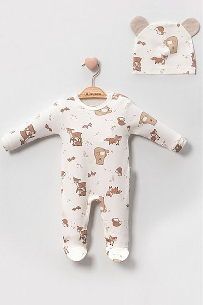 Beniizle Animals Patterned Jumpsuit with Hat and Booties and Snaps on the Bottom
