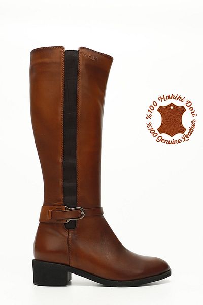 GÖNDERİ(R) Women's Tan Antique Zippered Thick Heeled Genuine Leather Boots