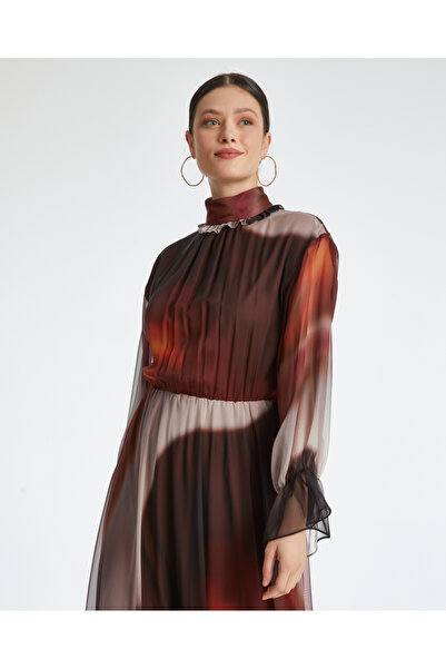 SERPİL Batik Desenli Uzun Kollu Vizon Şifon Elbise 36921